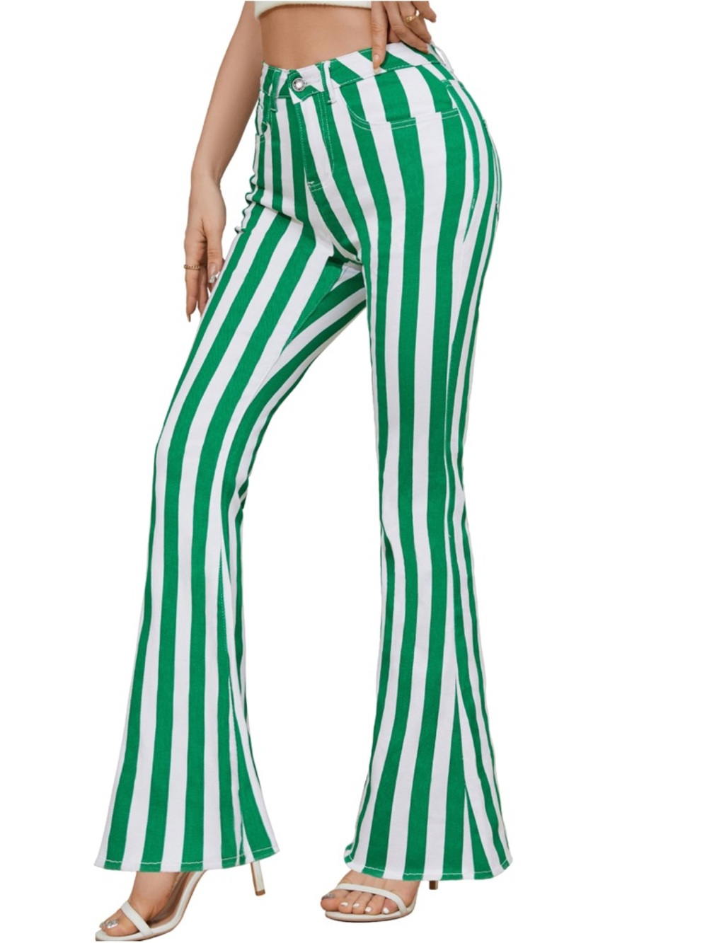 Striped High-Waist Flared Pants - Green & White
